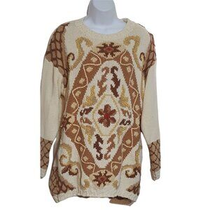 Crystal Kobe Vintage Womens Tunic Sweater L Brown Cream Floral Pull Over Knit